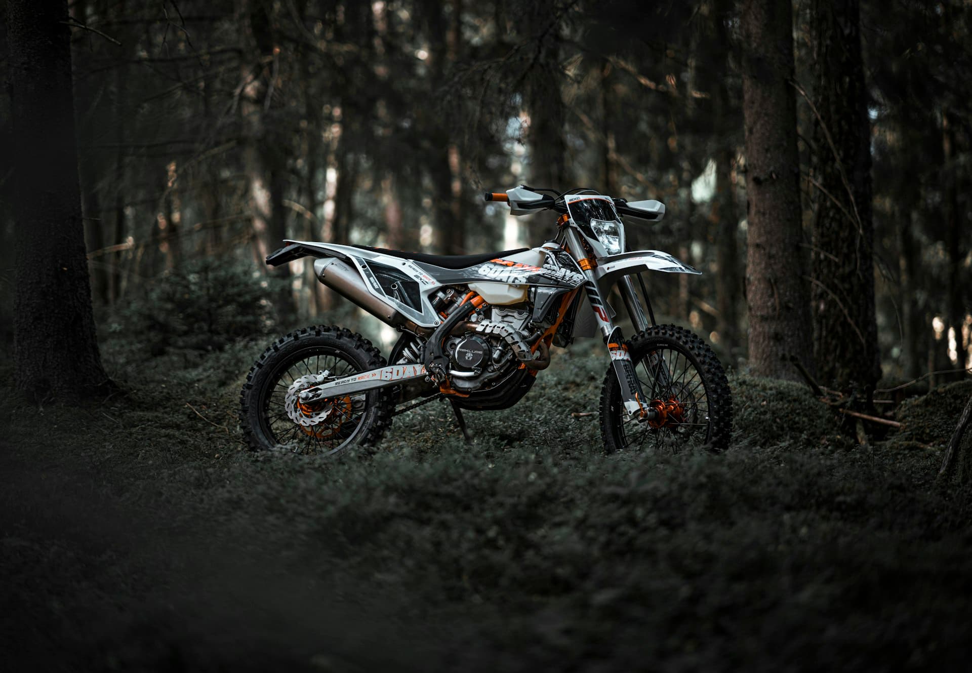 KTM EXC Six Days enduro motorcycle parked on a mossy forest trail