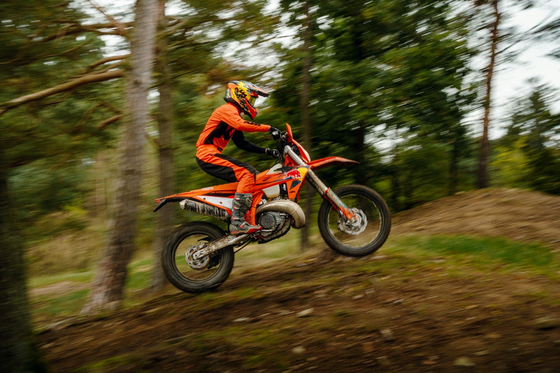 Enduro rider on an orange KTM climbing a forest trail at speed