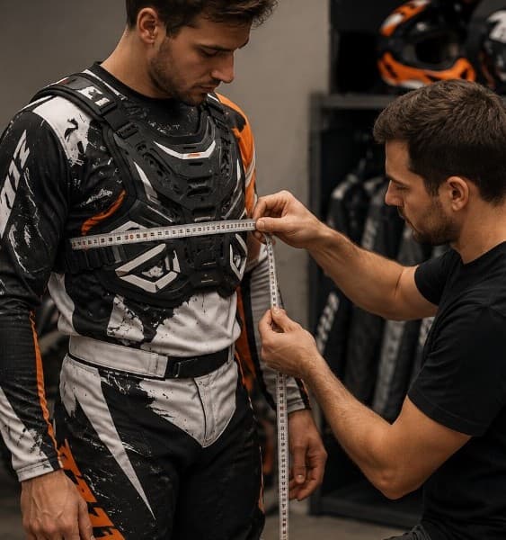 Staff measuring a rider’s chest over protective gear in the Enduro Algarve shop